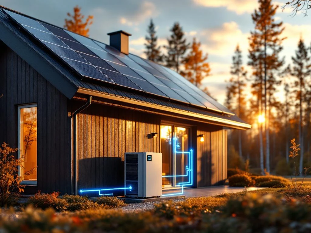 Moderni suomalainen koti aurinkopaneeleilla ja lämpöpumpulla, jotka toimivat yhdessä energiajärjestelmänä. Taustalla heijastuu koivumetsä syksyisessä valossa.