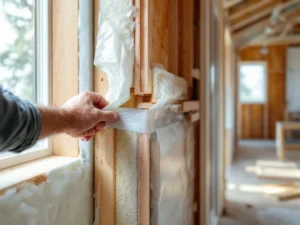 Suomalaisen kodin seinän poikkileikkaus energiaremontissa: asentajan kädet tiivistävät höyrynsulkua teipillä. Näkyvillä eri eristekerrokset ja ulkoverhous.