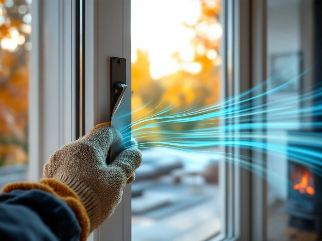 Ammattilainen asentaa tiivistenauhaa ikkunan raon ympärille pohjoismaisessa kodissa, sininen ilmavirtaus näkyvillä, taustalla takka ja syksyiset maisemat