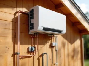 Moderni ilma-vesilämpöpumppu asennusvaiheessa suomalaisen puutalon ulkoseinällä. Vanha yksikkö vieressä, kupariputket ja työkalut näkyvissä.