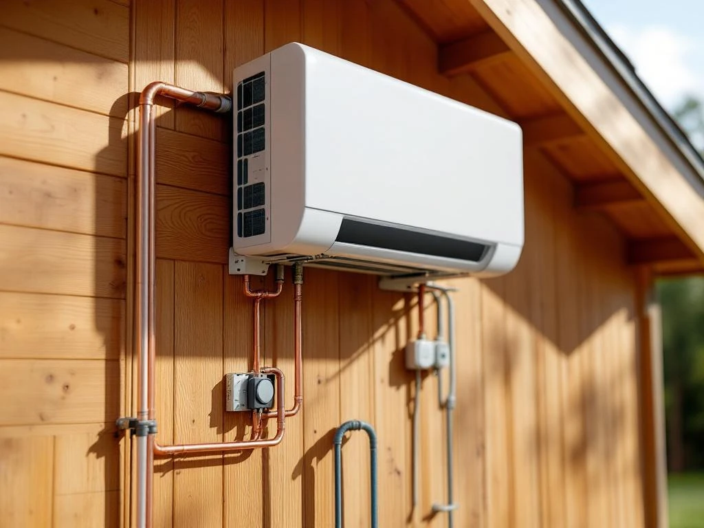 Moderni ilma-vesilämpöpumppu asennusvaiheessa suomalaisen puutalon ulkoseinällä. Vanha yksikkö vieressä, kupariputket ja työkalut näkyvissä.