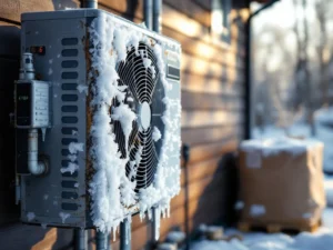Vaurioitunut ilma-vesilämpöpumpun ulkoyksikkö suomalaisessa kodissa, jäätä ja korroosiota näkyvissä. Taustalla uusi korvaava laite pakkauksessaan.