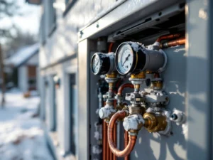 Ilma-vesilämpöpumppu suomalaisen kodin seinällä, jossa näkyy jääkertymää kupariliitoksissa ja matala painelukema – merkki kylmäaineongelmasta perinteisen arkkitehtuurin ympäristössä.