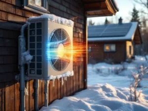 Huurretta keräävä 10-vuotias ilmalämpöpumppu suomalaisen kodin ulkoseinällä talvella, lämpövisualisointi näkyvissä ja aurinkopaneeleita katolla taustalla.
