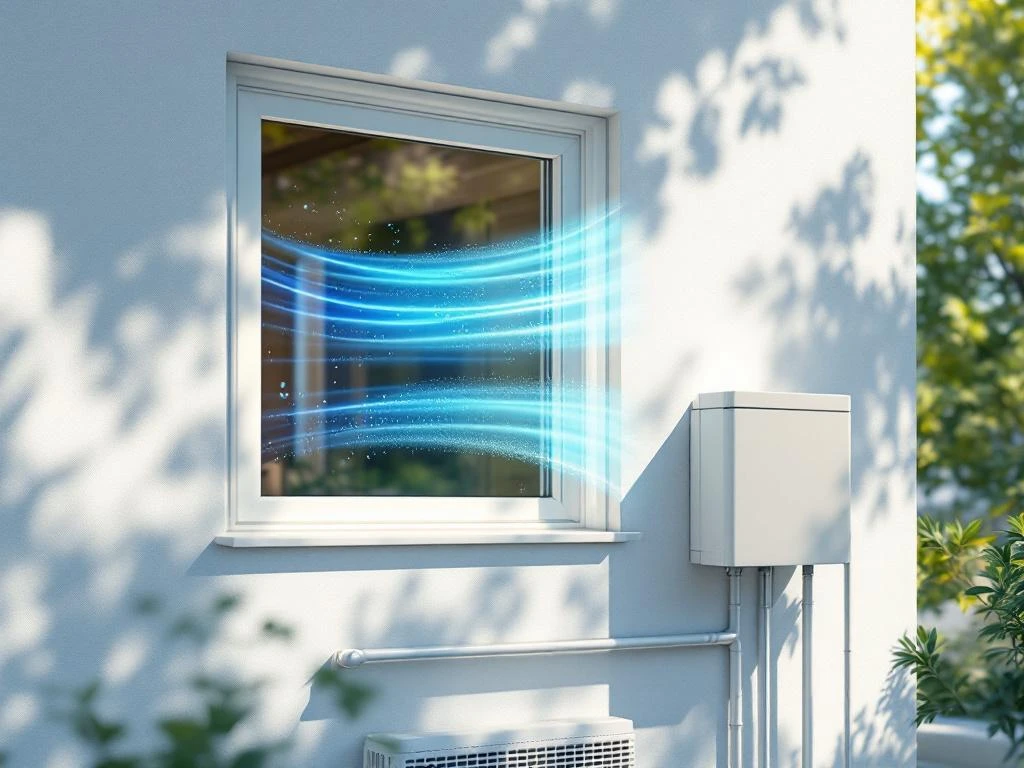 Moderni suomalainen koti kesäpäivänä, seinälle asennettu ilmalämpöpumppu viilentää sisätilaa, viileä ilma virtaa avoimesta ikkunasta ulos.