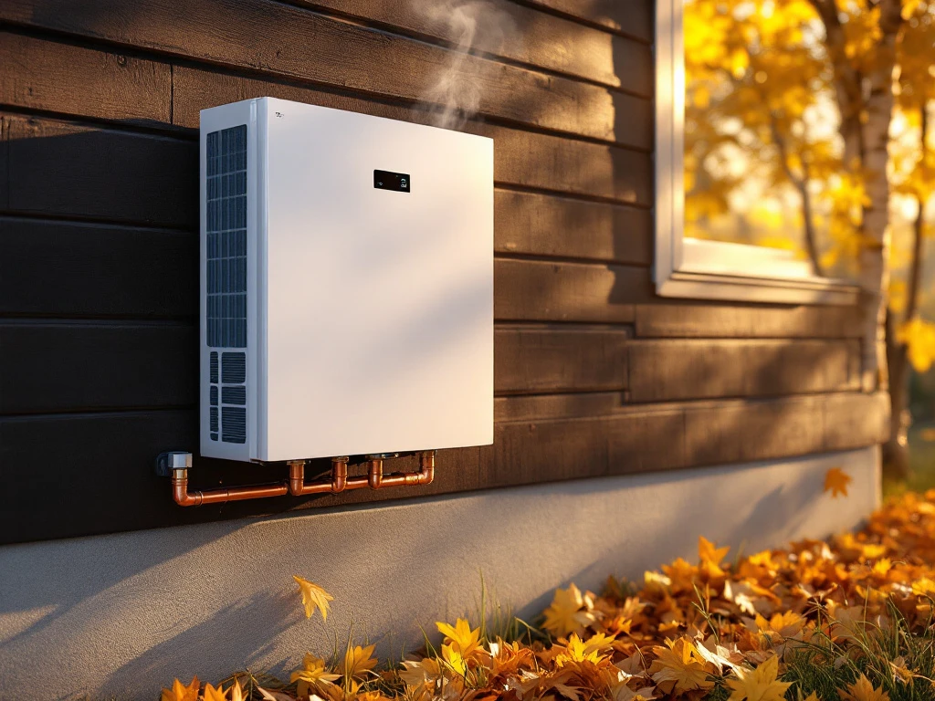 Moderni energiatehokas ilma-vesilämpöpumppu asennettuna suomalaisen puutalon seinään syksyisenä päivänä, vanha yksikkö vieressä. Keltaiset koivunlehdet maassa.