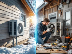 Uuden energiatehokkaan ilma-vesilämpöpumpun ja huoltoa vaativan vanhan lämpöpumpun vertailu suomalaisen lumisen talon edustalla kustannuserot näkyvillä.