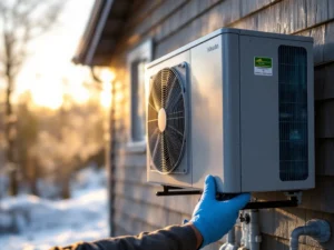 Ilma-vesilämpöpumppu suomalaisen talon seinällä, huoltajan sininen käsine säätämässä laitetta, kevyttä huurretta muodostumassa, taustalla uudempi järjestelmä ja perinteinen katto.