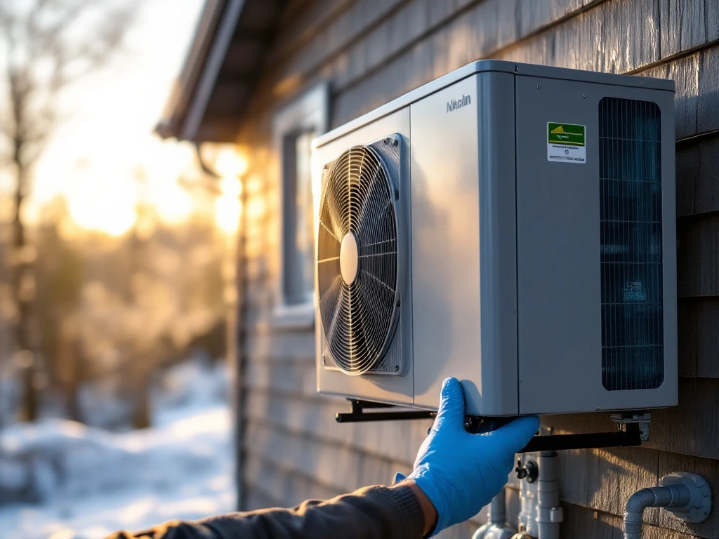 Ilma-vesilämpöpumppu suomalaisen talon seinällä, huoltajan sininen käsine säätämässä laitetta, kevyttä huurretta muodostumassa, taustalla uudempi järjestelmä ja perinteinen katto.
