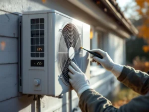 Asentajan hansikoidut kädet huoltavat ilma-vesilämpöpumppua suomalaisen kodin ulkoseinällä syksyisenä iltapäivänä, digitaalinäytöllä optimaaliset lukemat.