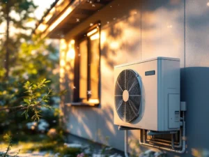 Moderni ilma-vesilämpöpumppu suomalaisen omakotitalon seinällä, vuodenaikojen vaihtelua taustalla kuvastamassa kestävyyttä ja tehokkuutta.