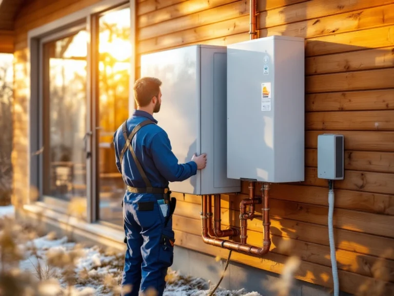 Ammattilainen asentaa energiatehokasta ilma-vesilämpöpumppua modernin suomalaisen puutalon ulkoseinään kirkkaana syksyisenä päivänä.