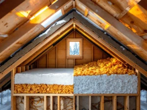 Suomalaisen talon katon poikkileikkaus: vasemmalla vanhat, painuneet eristeet ja oikealla uudet, paksut eristekerrokset. Luonnonvalo korostaa energiatehokkuutta.