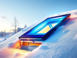 Energiatehokas kattolasikkuna suomalaiskodin läpileikkauksessa; lämpövisualisointi näyttää eristyksen, lumen katolla ja auringonvalon sisätilassa.
