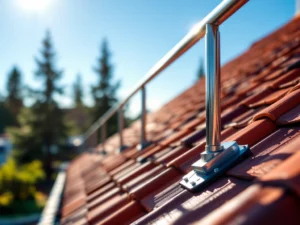 Modernit katon turvakaiteet ja lumiesteet ammattimaisesti asennettuina punaiselle tiilikatolle sinistä suomalaista taivasta vasten, auringonvalon korostaessa metallisia yksityiskohtia.