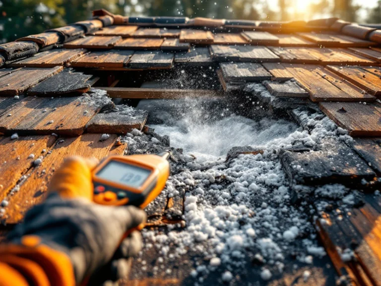 Kosteusvaurioinen kattopalkisto, jossa näkyy värjäytymistä, painumista ja vesitahroja. Kosteusmittari mittaa vauriota auringonvalossa.