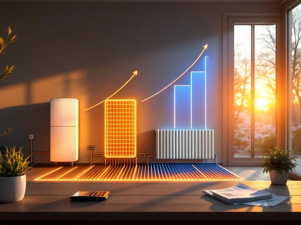 Suomalaisen kodin läpileikkaus, jossa vertaillaan lämpöpumppua, pattereita ja lattialämmitystä kustannuskäyrineen ja energiatehokkuuseroineen.