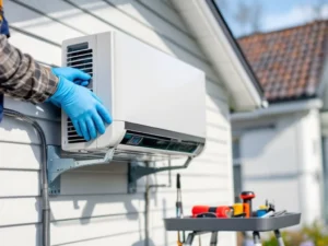 Lämpöpumpun ammattiasennus suomalaisen kodin ulkoseinälle. Asentaja sinisillä työkäsineillä tekee tarkkoja säätöjä, työkalut siististi esillä.