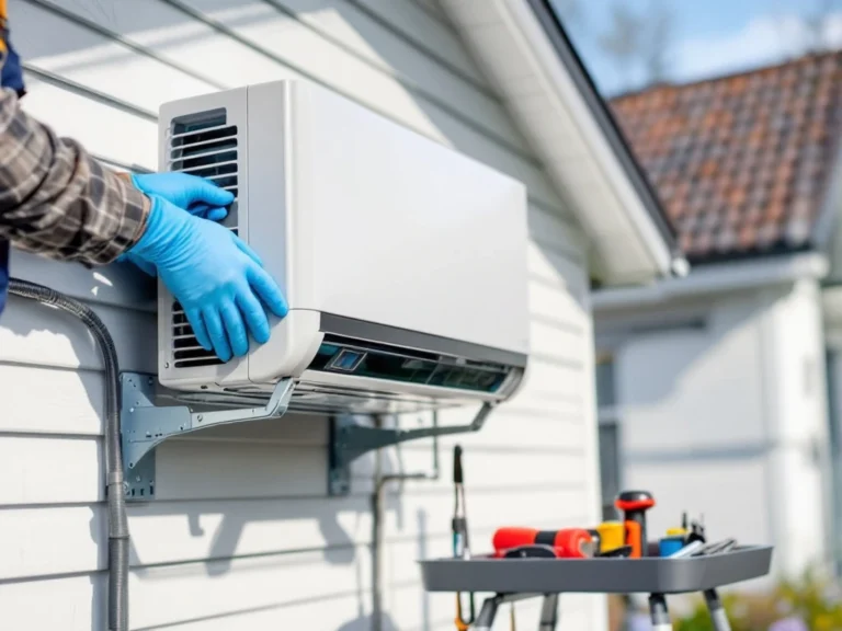 Lämpöpumpun ammattiasennus suomalaisen kodin ulkoseinälle. Asentaja sinisillä työkäsineillä tekee tarkkoja säätöjä, työkalut siististi esillä.