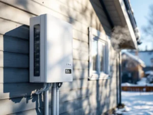 Valkoinen lämpöpumppu suomalaisen kodin seinässä talvisessa maisemassa; energialasku osoittaa säästöjä ja näyttö tehokasta toimintaa sinistä taivasta vasten.