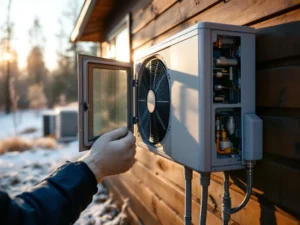 Asentaja huoltaa modernia ilma-vesilämpöpumppua suomalaisen kodin ulkoseinällä, taustalla näkyy laiminlyöty vanhempi laite lumisessa maisemassa.