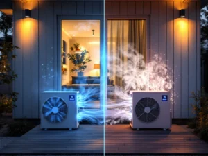 Invertteri- ja on/off-lämpöpumppujen vertailu suomalaisen kodin edustalla - näyttää jäähdytystehojen ja energiatehokkuuden erot.