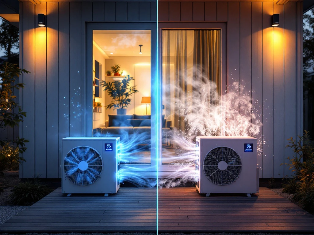 Invertteri- ja on/off-lämpöpumppujen vertailu suomalaisen kodin edustalla - näyttää jäähdytystehojen ja energiatehokkuuden erot.