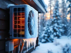 Jäätynyt ilmalämpöpumppu suomalaisen talon seinällä, muodostaa jääpuikkoja ja tuottaa kylmää ilmaa. Taustalla lumisia mäntyjä ja lunta sataa.