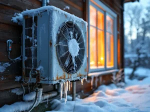 Jäätynyt, ruostunut lämpöpumppu suomalaisen talon ulkoseinällä talvella. Huurtuneista jäähdytysrivoista valuu vettä, viitaten energiatehottomuuteen.