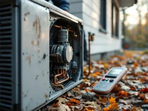 Kulunut lämpöpumpun kompressori osittain purettuna suomalaisen kodin seinustalla, teknikon käsi taustalla diagnosointilaitteen kanssa syksyisessä valossa.