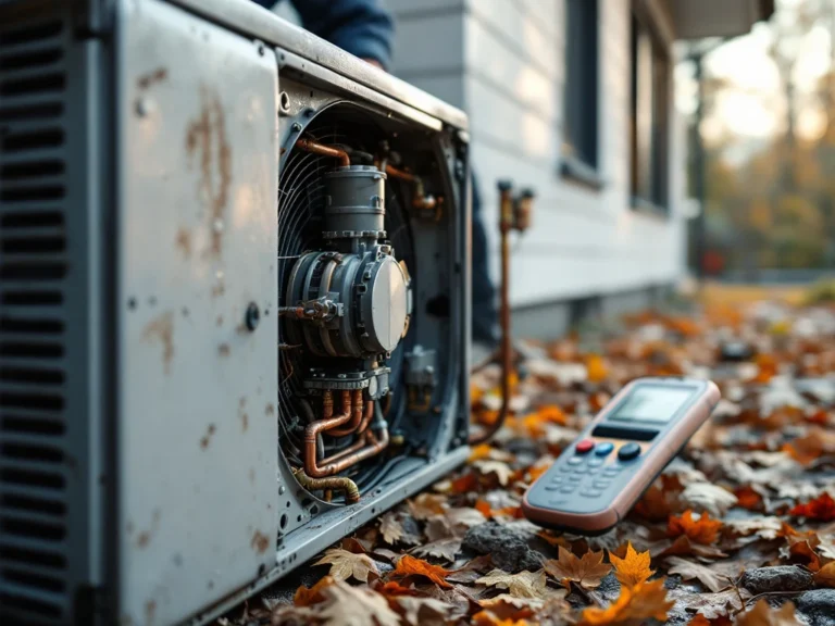 Kulunut lämpöpumpun kompressori osittain purettuna suomalaisen kodin seinustalla, teknikon käsi taustalla diagnosointilaitteen kanssa syksyisessä valossa.