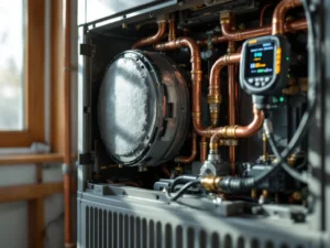 Viallinen lämpöpumpun kompressori jossa näkyy huurretta ja värjäytymistä, diagnostiikkatyökalu kytkettynä, suomalaisen kodin siistissä teknisessä tilassa.