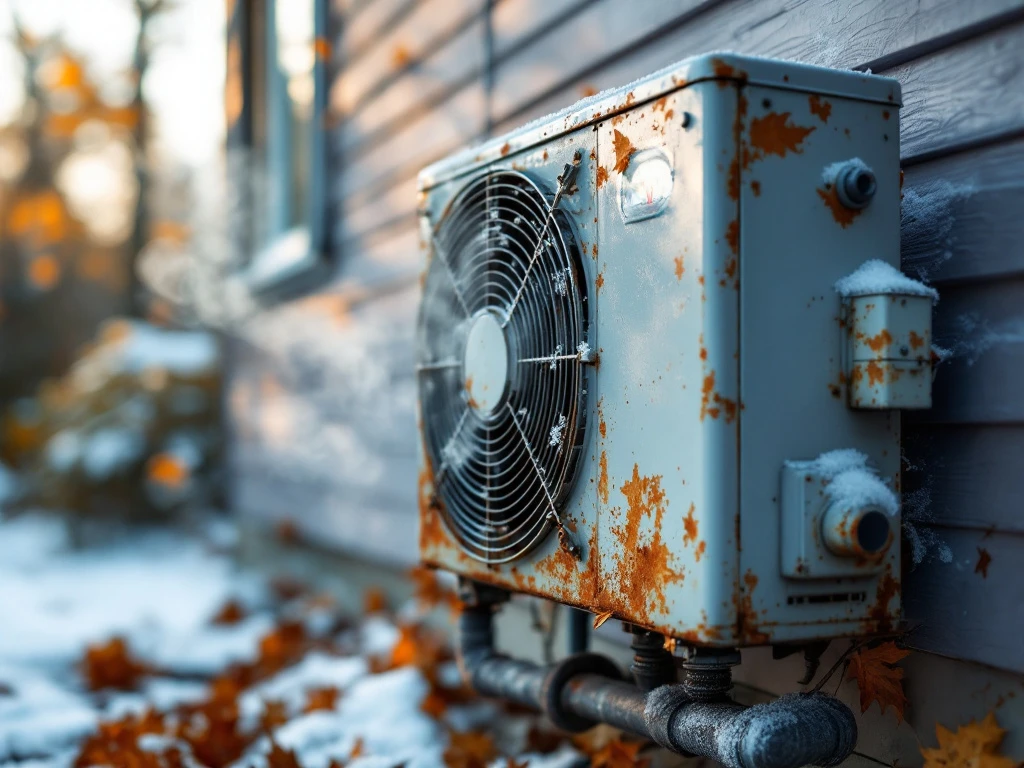 Kulunut lämpöpumppu suomalaisen kodin seinällä, jäätä kerääntyneenä, mittari näyttää alhaista lämpötilaa, tuuletin vaurioitunut, syksyn lehtiä ympärillä.