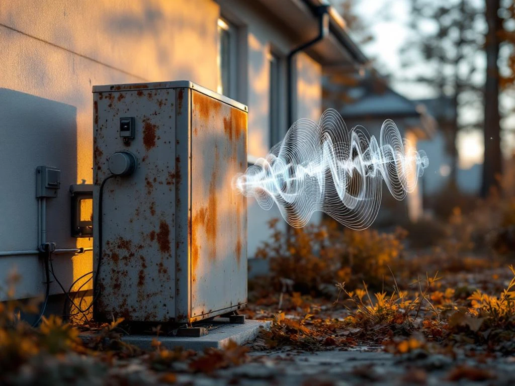 Ikääntynyt lämpöpumppu suomalaistalon seinustalla, josta lähtee häiriöääntä. Desibelimittari näyttää korkeita lukemia. Taustalla naapuritalon uudempi malli.