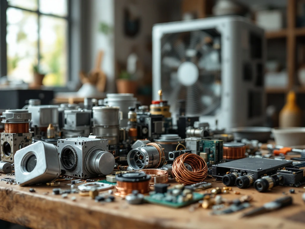 Vanha lämpöpumppu purettuna työpöydällä, osat järjestetty kierrätystä varten. Taustalla näkyy uudempi malli, viitaten päivitykseen.