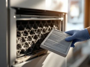 Lämpöpumpun likaisen suodattimen vaihto: hansikaskäsi poistaa pölyisen suodattimen, vieressä puhdas vaihtokappale suomalaisessa kodissa.