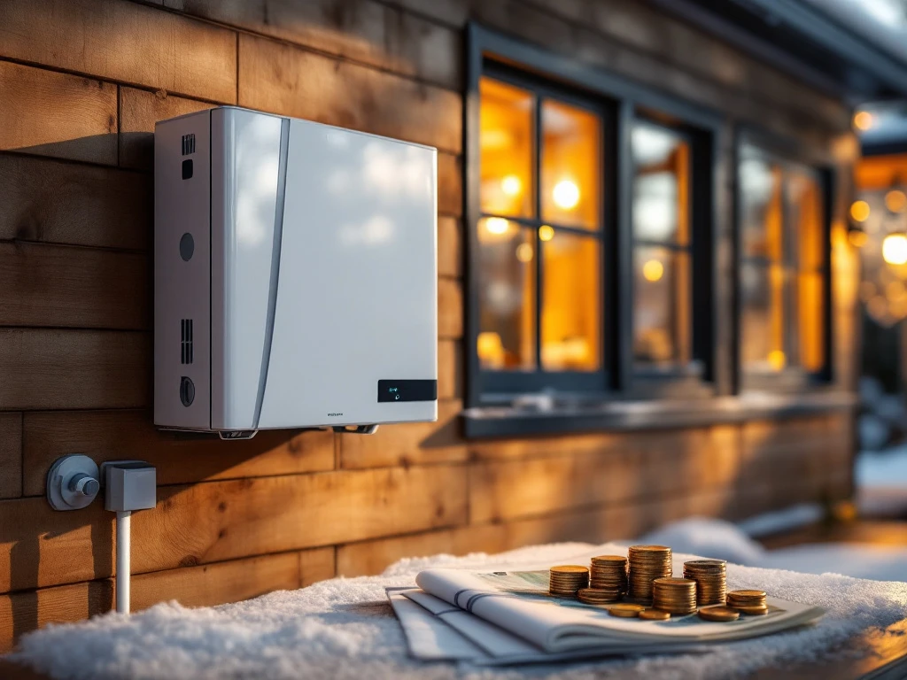 Moderni ilma-vesilämpöpumppu suomalaisen puutalon seinässä talvella. Eurokolikoita ja -seteleitä energialaskujen päällä kuvastamassa säästöjä.