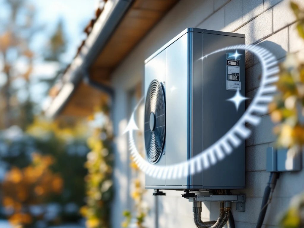 Moderni lämpöpumpun kompressoriyksikkö suomalaisen kodin ulkoseinällä auringonvalossa, ympärillä aikasymboliikka kuvaamassa kestävyyttä ja vuodenaikojen vaihtelua.