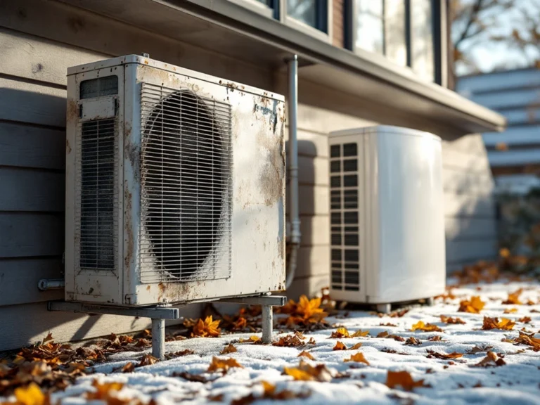 Kulunut lämpöpumppu ja uusi energiatehokas malli suomalaisen kodin seinustalla, vanhan laitteen huurrekuviot kertovat lähestyvästä talvesta.