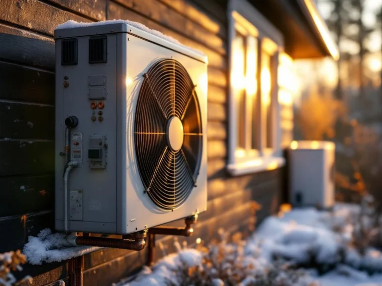 Ikääntynyt lämpöpumppu suomalaisen kodin ulkoseinällä iltapäivän kultaisessa valossa, vieressä uusi korvauslaite. Huurretta vanhan yksikön reunoilla.