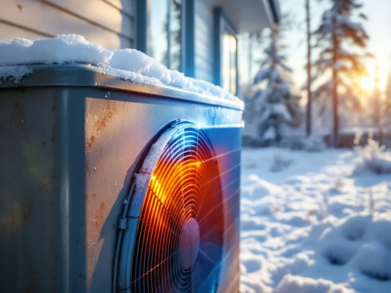 Ikääntynyt lämpöpumppu suomalaisen kodin seinustalla, lämpökuvassa näkyy tehokkuuden heikkeneminen sinisinä ja punaisina alueina. Taustalla luminen piha ja mäntyjä.