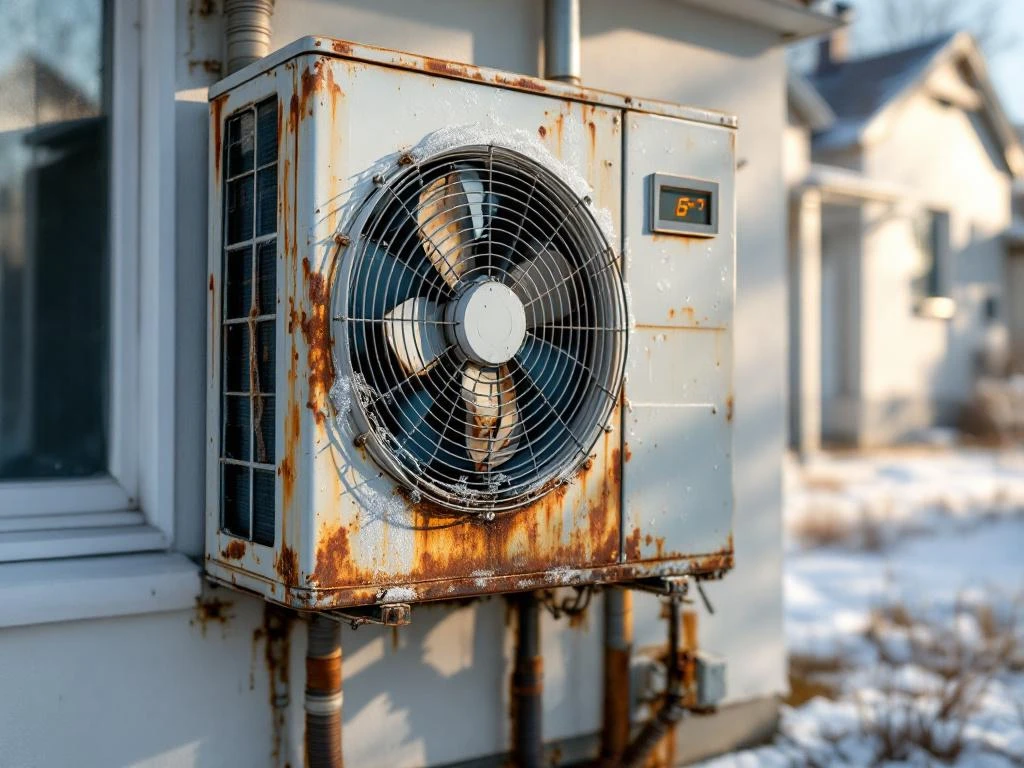 Kulunut lämpöpumpun ulkoyksikkö suomalaisen kodin seinässä, jossa näkyy jäätä, korroosiota ja ruostevesitahroja. Puhallin vaurioitunut ja lämpönäyttö epävakaa.
