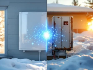 Moderni ja 10 vuotta vanha vesi-ilmalämpöpumppu vertailussa suomalaiskodin seinällä. Uudessa mallissa näkyvästi parempi energiatehokkuus ja pienempi kulutus.