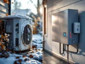 Vanhan kuluneen ja uuden modernin lämpöpumpun vertailu suomalaiskodin seinällä syksyllä, näyttäen selkeän energiatehokkuuden parannuksen