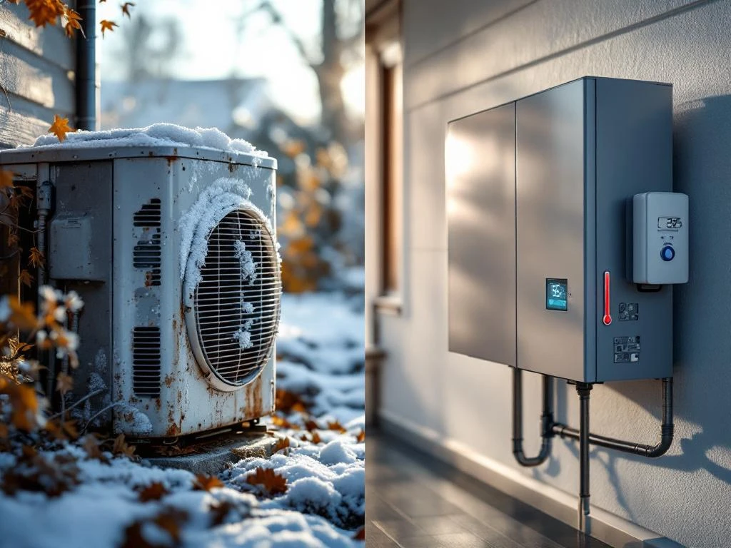 Vanhan kuluneen ja uuden modernin lämpöpumpun vertailu suomalaiskodin seinällä syksyllä, näyttäen selkeän energiatehokkuuden parannuksen
