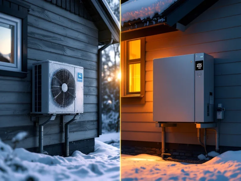 Vertailu vanhan ja uuden lämpöpumpputeknologian välillä suomalaisissa kodeissa talvisessa maisemassa, korostaen tehokkuutta ja muotoilua.
