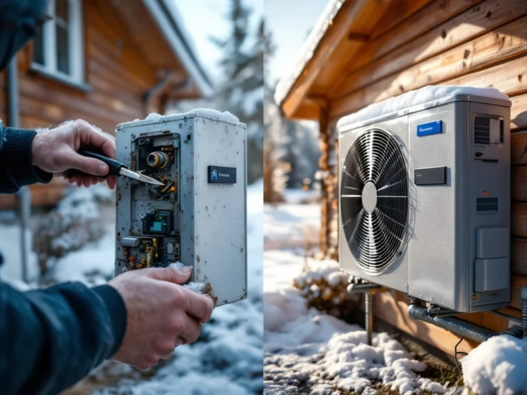 Vertailu vanhasta kuluneesta ja uudesta modernista lämpöpumpusta suomalaisen puutalon ulkoseinällä talvisessa ympäristössä