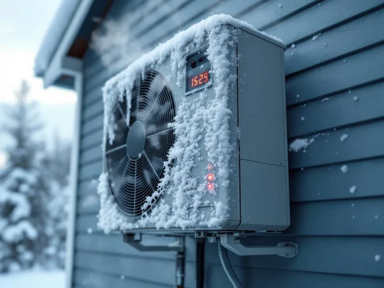 Toimintahäiriöinen nykyaikainen lämpöpumppu suomalaisen kodin ulkoseinällä, jäätynyt, punaiset varoitusvalot päällä ja höyryä nousee pilvisellä säällä