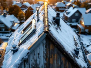Suomalainen jyrkkäkattoinen talo, jossa verrataan lumiesteillä ja turvakiskoilla varustettua hyväkuntoista kattopuoliskoa vaurioituneeseen suojaamattomaan puoleen.