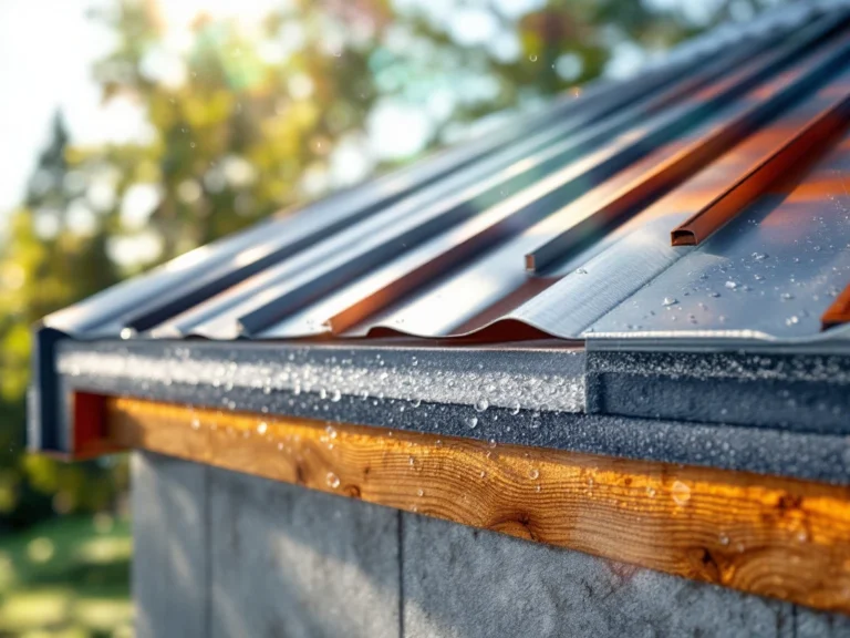 Metallikaton poikkileikkaus, jossa näkyy kondensoitumisen estotekniikoita: höyrysulku, ilmanvaihtokanavat ja vesipisarat metallin alapinnalla ammattimaisen kattorakenteen osana.